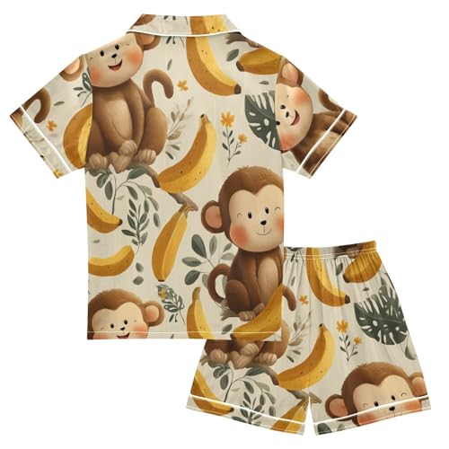 Satin Pajama Sets Short Sleeve Cute Monkey Banana Leaf Button Down Silky Nightwear 2 Piece PJS 5Y,2