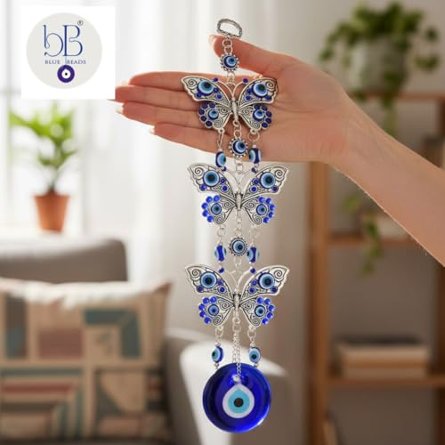 Image of BLUE BEADS Turkish Feng Shui Vastu Blue Glass Evil Eye Hanging /Door Hanging Nazar Batu for Protection and Good Luck - Perfect for Gifting Home or Office (3 Layer BFLY)