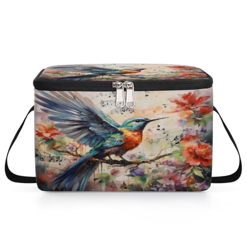 GzLeyigou Humming Bird Lunch Bags for Women Men 9 Cans, Hot & Cold Food Delivery Bag Insulated Grocery Bag Insulated Lunch Box Tropical Flowers Cooler Bag for Office Work Picnic Beach