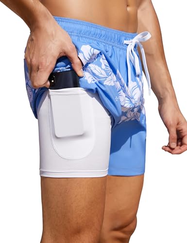 Nonwe Men's Swim Trunk Quick Dry Soild Lightweight Surf Shorts with Liner and Pockets Blue&White 36