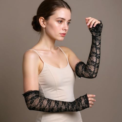 2 Pcs Lace Gloves, Black Long Lace Gloves, Elegant Vintage Long Fingerless Lacy Sleeves, Elbow-Length Lacy Arm Glove Fingerless for Tea Operas Parties Weddings Cosplay Dance Concert3