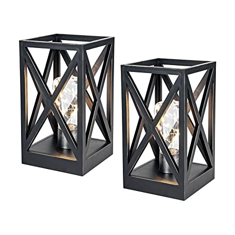 WINGBO 2 Pack Wooden Battery Powered Table Lamps, Battery Operated Cordless Desk Lamps, Portable Lamp Sets with Bulbs for Living Room Dining Room, Patio Backyard Indoor Outdoor Use, Black Finish Cover