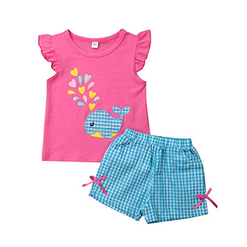 Toddler Baby Girl Shorts Outfits Cute Dolphin Cotton T Shirts Tee Tops Plaid Short Pants Clothes 2PCS Shorts Outfit Set (Pink, 2-3 Year)