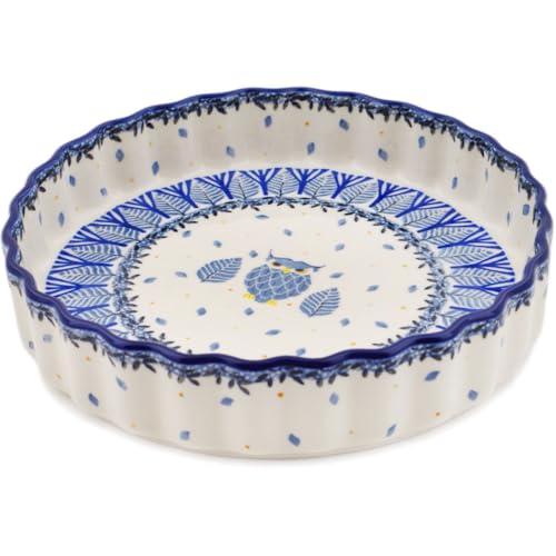 Authentic Polish Pottery Fluted Pie Dish Signature UNIKAT in Pastel Hooter Design Handmade in Boles?awiec Poland by Ceramika Artystyczna + Certificate of Authenticity