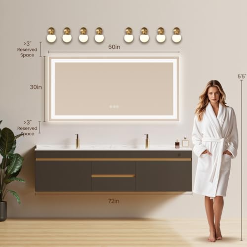 Image of 60x30 LED Bathroom Mirror with Anti-Fog, Backlit & Front Lit, Memory | Stepless Dimmable 3 Color CRI 95+ Shatterproof Tempered Glass ETL Listed for Safety Lighted Bathroom Vanity Mirror for Wall