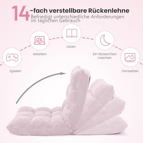 COSTWAY Bodenstuhl mit Verstellbarer Rückenlehne, Bodensessel gepolstert, Bodenkissen faltbar, Meditationsstuhl, Relaxsessel, Thaikissen für Freizeit, Meditation, Yoga (Hellrosa)