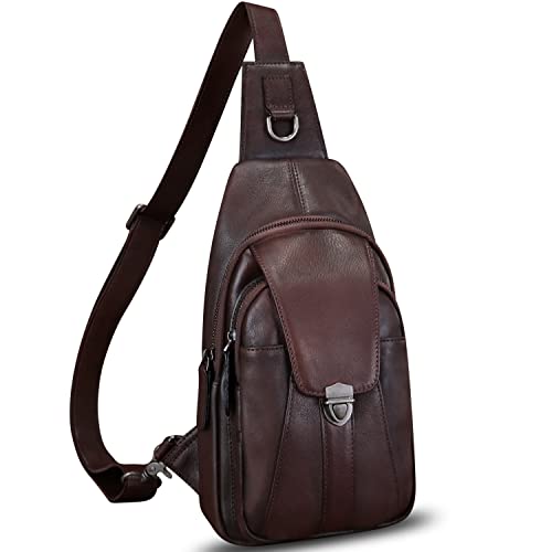 LRTO Genuine Leather Sling Bag for Women and Man Handmade Retro Hiking Crossbody Backpack Purse Chest Shoulder Daypack (Coffee)