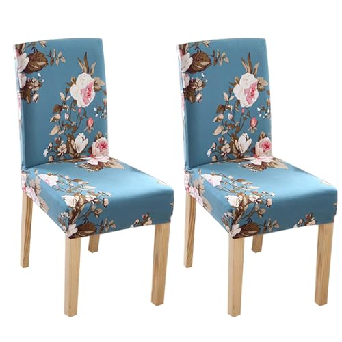Image of Styleys Chair Covers for Dining Room, Stretch Dining Chair Cover, Washable Spandex Kitchen Chair Slipcovers (Set of 2, Sky Blue Flower, SLMC-160)