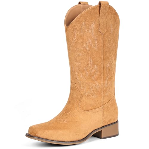 Image of IUV Cowboy Boots For Women Square Toe Wide Mid Calf Western Pull On Suede Fashion Black Brown Cowgirl Boots