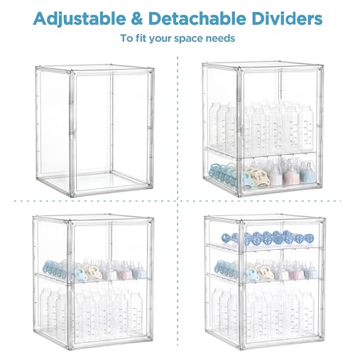 Image of HBlife Baby Bottle Storage Organizer for Countertop Cabinet, 3 Tiers Adjustable Clear Acrylic Bottles Storage Station Case Box Container with 2 Removable Dividers and Magnetic Door, XXL