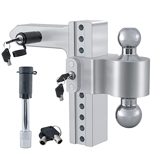 Adjustable Trailer Hitch 8” Drop/Rise Hitch Ball Mount For 2” Receiver, Aluminum Tow Hitch With 2 Stainless Steel Pins Locks, 12,500 Lbs Gtw, 2" And 2-5/16" Chromed Steel Balls For Heavy Duty Truck #TOP5