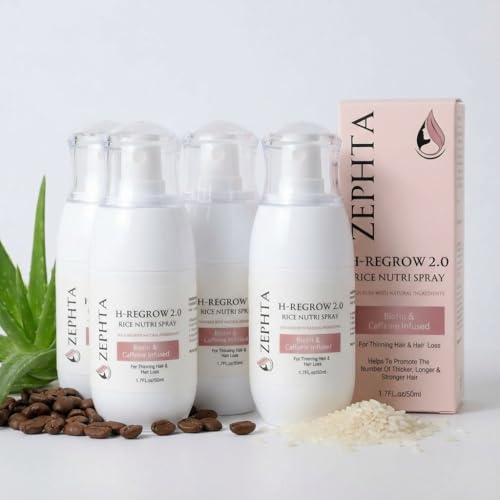 Zephta H-Regrow Hair Growth Spray – With Rice Water, Biotin, Aloe Vera, Caffeine, and Ginger – Hair Growth Product for Men and Women – For Thinning Scalp – 4 Pack
