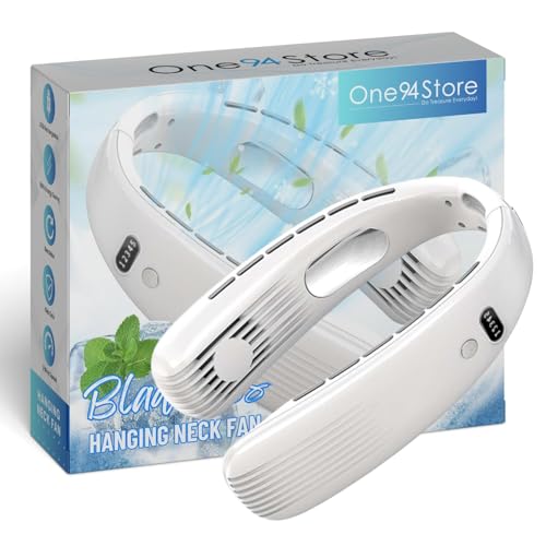 Image of One94Store Portable Bladeless Hanging Neck Fan - Modern Design, 12 Air Outlets, 2400mAh Rechargeable Battery, USB Powered, 5-Speed Hands-Free Cooling Fan, Up to 6 Hours Use for Indoor&Outdoor (White)