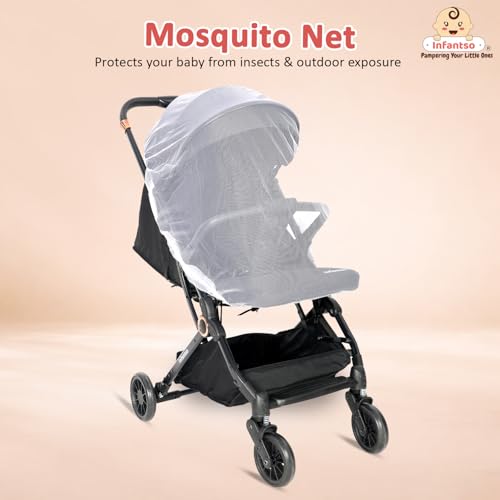 Image of Infantso RIDE-X Premium Baby Stroller / Pram Auto Fold with 5 Points Safety Harness, Multi Level seat Recline & Spacious Cushioned seat, One-Hand Fold and 360 Rotating Wheels, Travel Friendly, Extendable Canopy, Adjustable Footrest, Shock Absorption Wheels, Lightweight Stroller for 0 to 3 Years (Black)