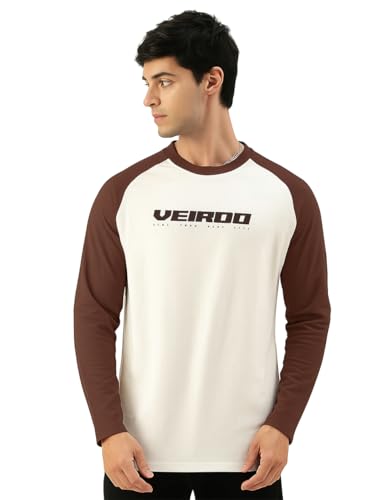 Image of Veirdo Pure Cotton Regular Fit Round Neck Front Chest Typographic Logo Printed Raglan Full Sleeve T-Shirt for Men (Colors: Green, Brown & Maroon)