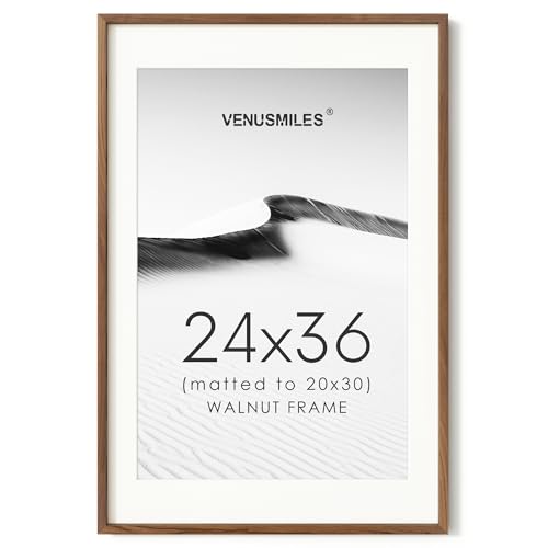 Image of 24x36 Poster Frame, USA-Sourced Natural Walnut Wood Picture Collage Frame with HD Tempered Glass, Modern Simple 24 x 36 Wooden Photo Frame Matted to 20x30, Vertical & Horizontal Wall Hanging Display