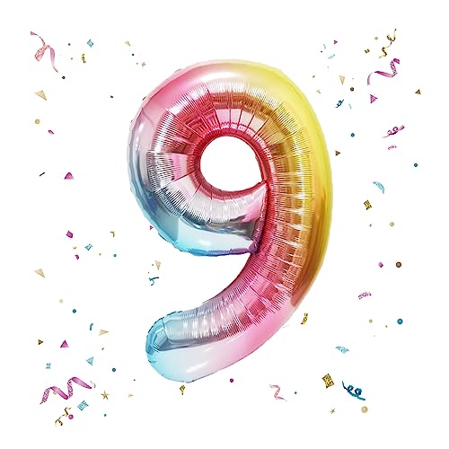 Image of 40 Inch Giant Rainbow Number 9 Balloons, Birthday Balloons, Helium Mylar Foil Big Number Balloons for Birthday Party Decorations, Kids' Birthday Anniversary Party Baby Shower Unicorn Parties