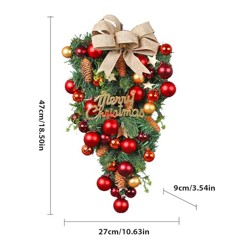 Couronne de Noël larme抗褪色无落叶装饰，带大红蝴蝶结与挂球
