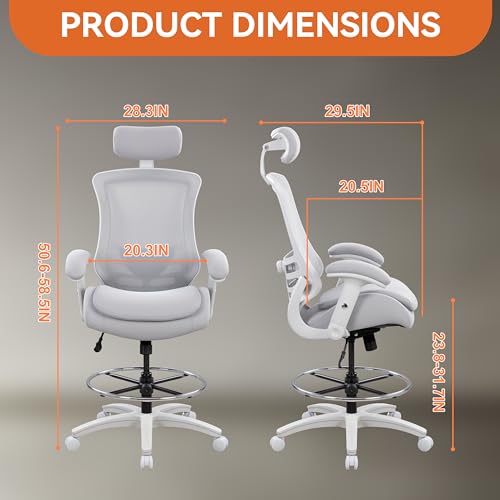 Image of BOLISS Ergonomic Drafting Chair High Back for Standing Desk-Grey | Tall Office Chair Double-Layer Seat Cushion, Adjustable Headrest & Lumbar Support, Flip-Up & Height Adjustable Arms