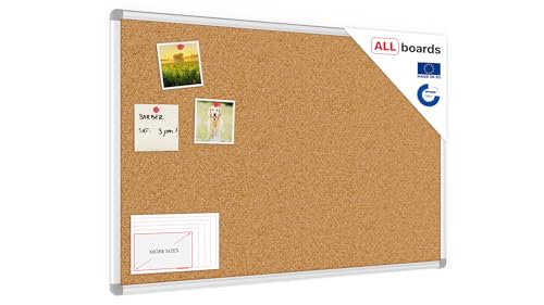 ALLboards Lavagna in Sughero con Cornice in Alluminio 90x60cm, Bacheca Sughero per Puntine Spille Alluminio Anodizzato Memoboard