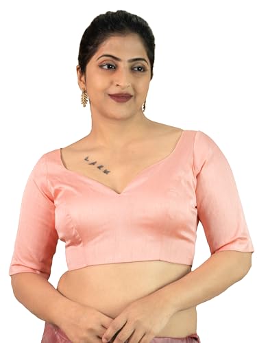 Image of FIGURE'S DESIGNER Women's Dupion Raw Silk Half Elbow Sleeves Sweetheart V Neck Sabyasachi Cut Readymade Saree Blouse S10