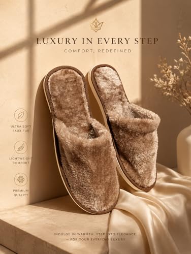 Image of Galaxy Fashion Point LUXORIA Ultra Soft Faux Fur Slippers for Women & Men | Fluffy Warm Indoor House Slippers | Lightweight Anti-Slip Cozy Bedroom Home Footwear | Premium Plush Winter Comfort Slides (Beige Brown)