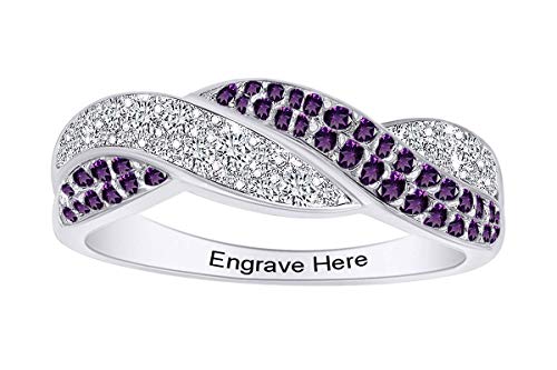 AFFY Personalized Simulated Birthstones & White Cubic Zirconia Engraved Wedding Band Ring in 14k White Gold Over Sterling Silver