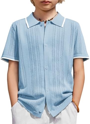 Arshiner Boys Button Down Shirt Short Sleeve Knit Shirt Summer Vintage Fashion Casual Beach Shirts for Kids 3-14 Years Light Blue