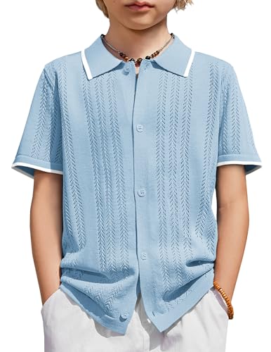 Arshiner Boys Button Down Shirt Short Sleeve Knit Shirt Summer Vintage Fashion Casual Beach Shirts for Kids 3-14 Years Light Blue