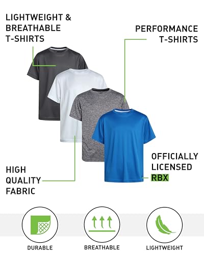 RBX Boys Athletic Shirts - 4 Pack Lightweight Short Sleeve Performance Shirts for Boys, Plain Activewear T Shirts, Size 14-16, Grey/Direct Blue