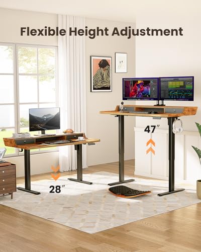 Image of ErGear Electric Standing Desk with Drawers, 63″ x 28″ Gaming Table Compatible Monitor Stand, Stand up Desks, Home Office Height-Adjustable Desk with Storage Shelf, 4 Preset Heights, Vintage Brown