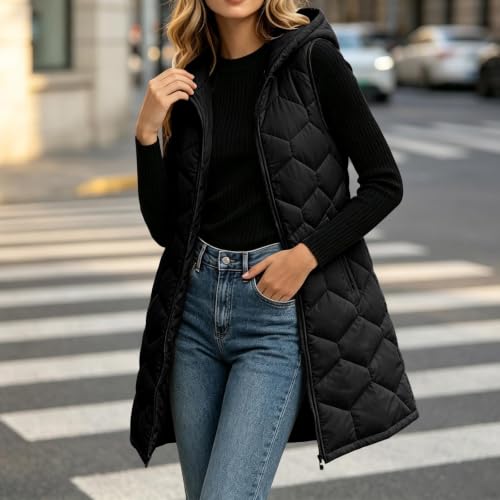 XOGWVJ Vest for Women Lightweight Womens Puffer Vest Long Hooded Quilted Sleeveless Winter Coat Full Zip Warm Longline Vests with Pockets Fall Clothes Black L - image 2