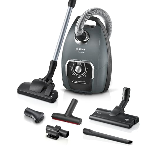 Bosch Staubsauger mit Beutel Serie 8 BGL75XPRQ, für Allergiker, Hygiene-Filter, 10 Jahre Motorgarantie, Hartbodendüse, XXL-Polsterdüse, XXL-Fugendüse, langes Kabel, Made in Germany, leise, 750 W, grau