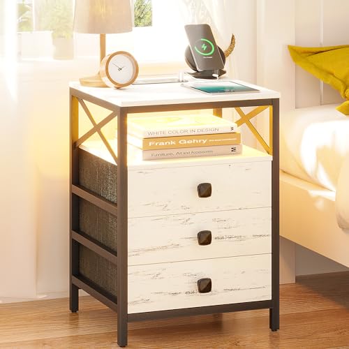 Lvifur LED Nightstand with Wireless Charging Station, Auto Sensor 3 Color Dimmable End Table, Side Table with 3 Drawers for Bedroom, Living Room, Sofa, Couch (White)