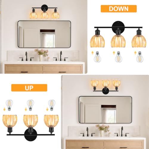 Image of Bathroom Light Fixtures, 3-Light Brushed Black Vanity Lights for Bathroom with Amber Tulip Glass Shade, 20 inch Vintage Bathroom Vanity Lighting Fixtures Over Mirror for Bedroom Living Room Hallway