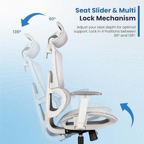 Image of Vergo Breathe Korean Mesh Office Chair High Back, Lumbar Support, Adjustable Armrest, Seat Slider, Tilt Lock Mechanism, Aluminum Base, Ergonomic Work from Home, Desk Chair, 3 Years Warranty (Grey)