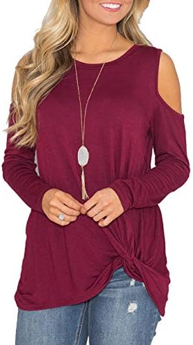 Esther Womens Casual Long Sleeve Knot Side Twist Blouse Cold Shoulder Tops Spring T Shirt (Black, M)
