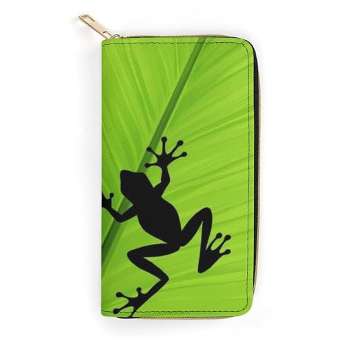 Girl's Long PU Wallet, Travel Purse Fashion Design, Huge Storage Capacity Purse, Cute Decor Zipper Wallet Green Leaf Frog