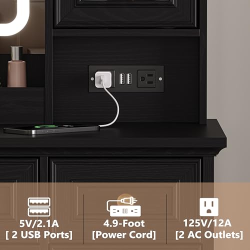 Image of Makeup Vanity Desk with Mirror and Lights, Farmhouse Vanity Table Set with 6 Drawer&Charging Station, Makeup Desk with RGB Cabinets, Black Vanity with Lighted Mirror for Girls Women, 3 Light Modes