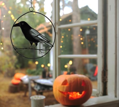 Lolitarcrafts Raven Stained Glass Window Hangings,Crow Decoration for Halloween,Birds Sun Catchers Hangings for Home, Office, Kitchen,Living Room - 4