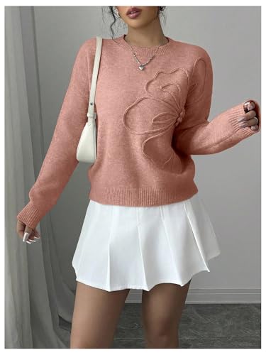 Image of RoseSeek Women's 3D Floral Appliques Crewneck Sweaters Long Sleeve Drop Shoulder Pullovers Elegant Knit Tops