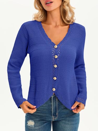 Image of Saodimallsu Womens V Neck Cardigan Sweaters Button Up Cropped Boho Knit Long Sleeve Loose Trendy Sweater Tops