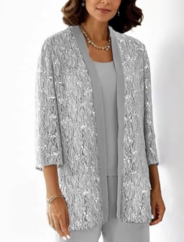 3 Pieces Mother of The Bride Pant Suits Lace Sequin Pant Suits 3/4 Sleeve Sparkly Formal Pantsuits for Women Dressy2