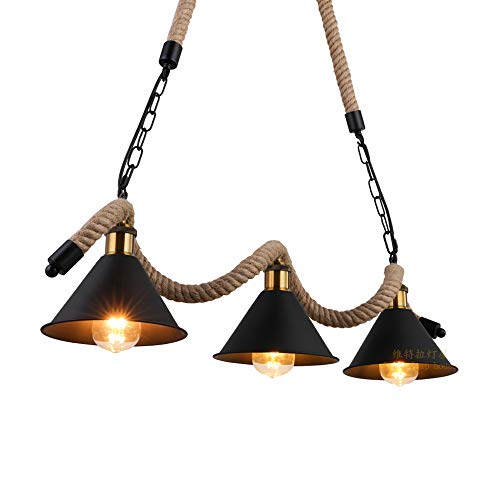 Edison E27 Loft Corde De Chanvre Droplight Industriel Luminaire Suspendu Pour Salle À Manger Lampe Suspendue Maison 3 Lumières Fer Forgé Retro Noir Lustre Peint