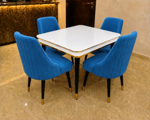 Image of WOODEN SPACE 4 Seater Wooden Dining Table Set | Urban Marble Top Dining Table with Chairs for Dining Room & Kitchen (Modern Infinity Backline Blue) (42 x 42 x 30 inch)