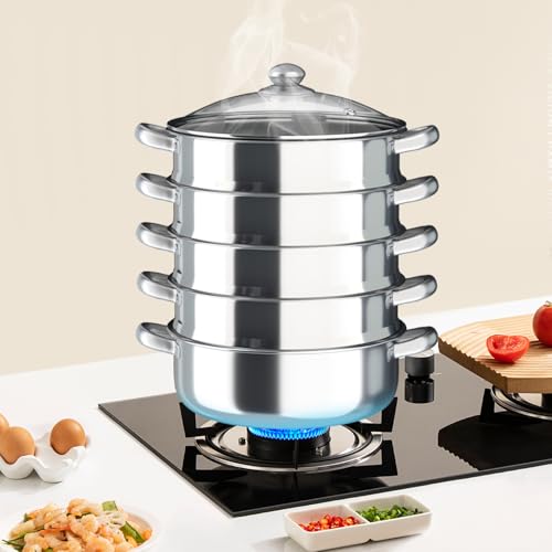 Acero inoxidable 5 capas de acero inoxidable jaula de vapor, horno de vapor, mango, calentamiento de alimentos, olla de cocina de 30 cm, plata, hogar o negocio