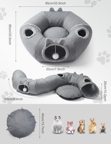 Katzentunnel aus Leinen für den Sommer, Klappbarer Katzen Donut Tunnel mit kuscheligem Innenfutter in großzügiger Ø60cm Größe für Katzen und Kleintiere (Grau)