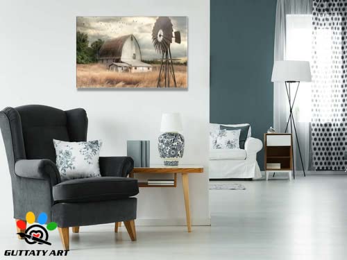 Farmhouse Old Barn Canvas Wall Art, Farmhouse Pictures Wall Decor, Vintage Barn And Windmill Pictures Canvas Wall Art, Rustic Wall Art For Country Room Decor, Farmhouse Style Wall Decor 24X36 Inches #TOP1