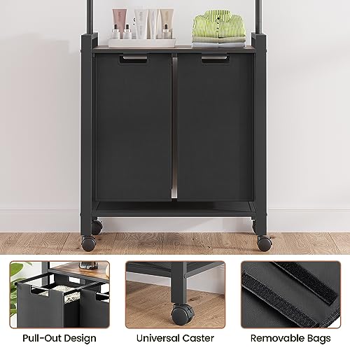 Laundry Sorter 2 Section Laundry Hamper Sorter with Clothes Hanging Rod and Wooden Storage Shelf 2 X 13gal Laundry Basket Organizer for Laundry Room Organization Storage Baskets, Black