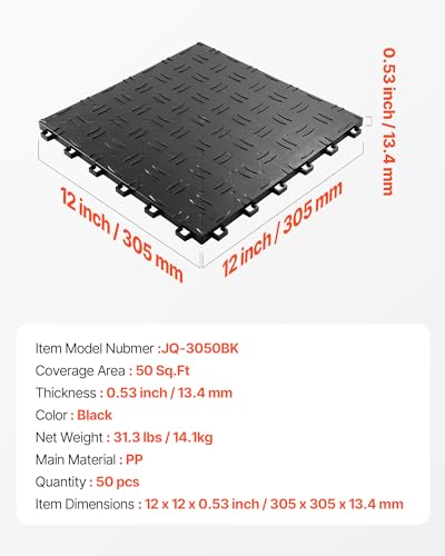 Image of VEVOR Garage Floor Tiles 12 x 12 x 0.53 inch, Interlocking Design Ease of Installation Double-Sided Texture Non-Slip Sturdiness, for Garages, Basements, Repair Shops, Black, 50 Pack
